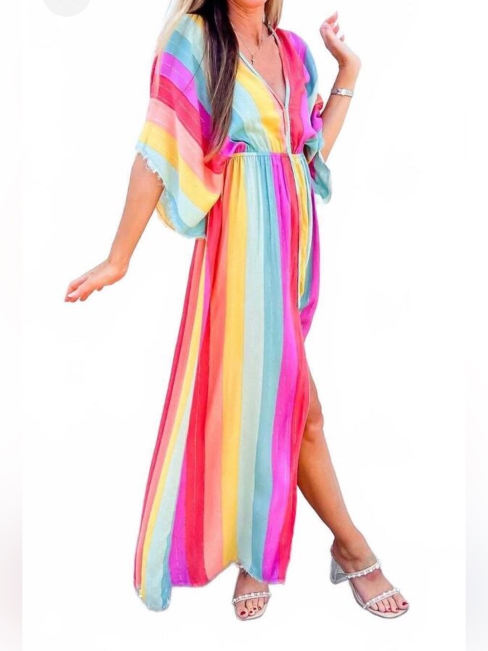 New Women’s Rainbow Stripe Swim Coverup Kaftan - Multicolor size L 100% viscose